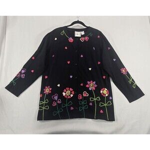 Michael Simon Lite Embroidered Cardigan M Floral Hearts Cotton Artsy Whimsy 90s